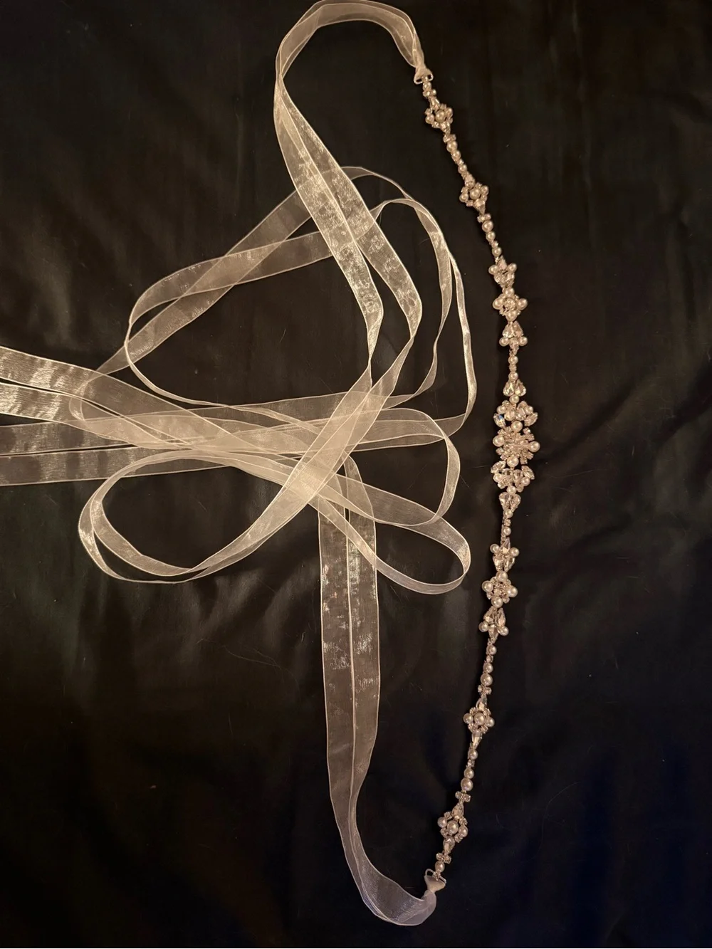 David's Bridal White Sheer Ribbon Crystal Floral Belt